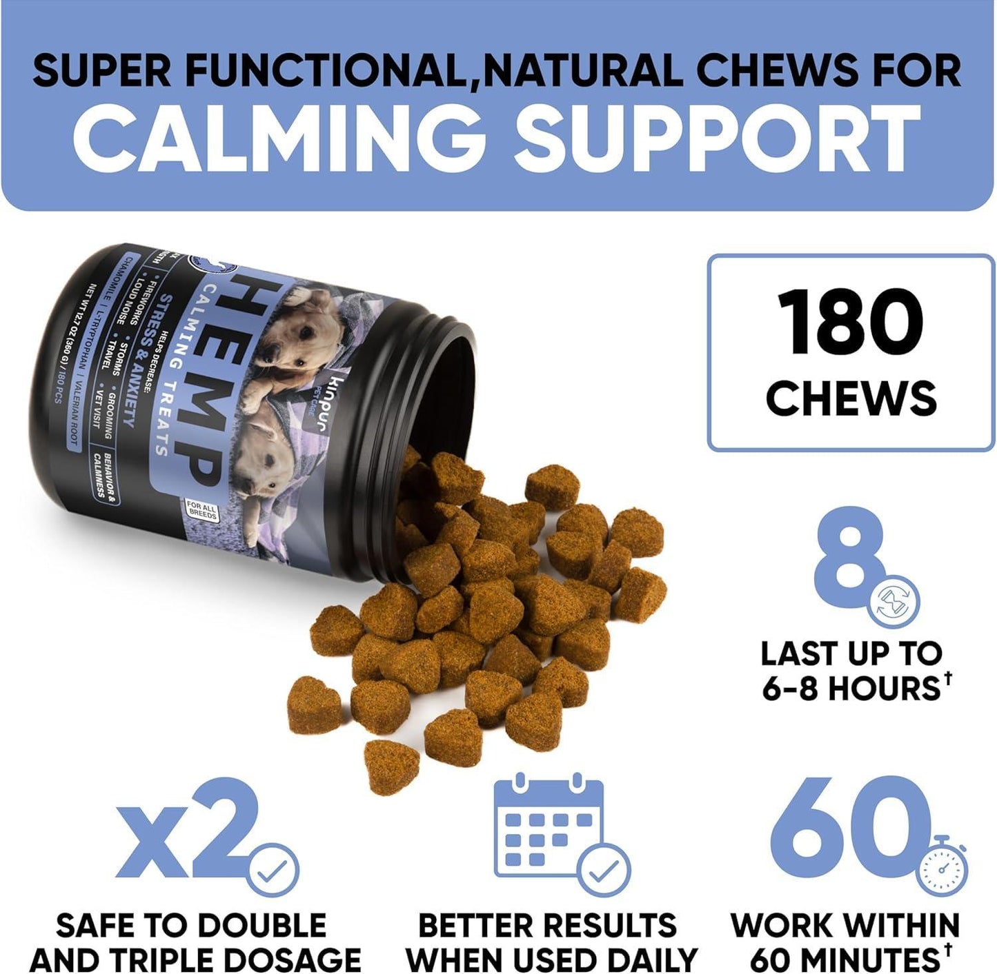 Natural Calming Chews for Dogs with Hemp Oil & Valerian Root Supports Relaxation During Fireworks Thunderstorms & Separation Hip & Joint Support Chicken Flavored Treats for All Breeds