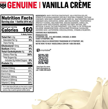 Muscle Milk Genuine Protein Shake - Vanilla Crème, 25g Protein, 14 Fl Oz (12 Pack) | Post-Workout Recovery & Muscle Support