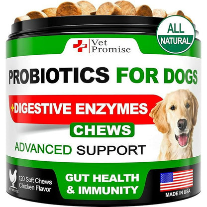 Probiotics for Dogs – Digestive Enzymes + Prebiotics – Allergy, Itchy Skin & Gut Health Support – 120 Tasty Chews