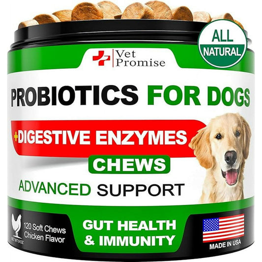 Probiotics for Dogs – Digestive Enzymes + Prebiotics – Allergy, Itchy Skin & Gut Health Support – 120 Tasty Chews