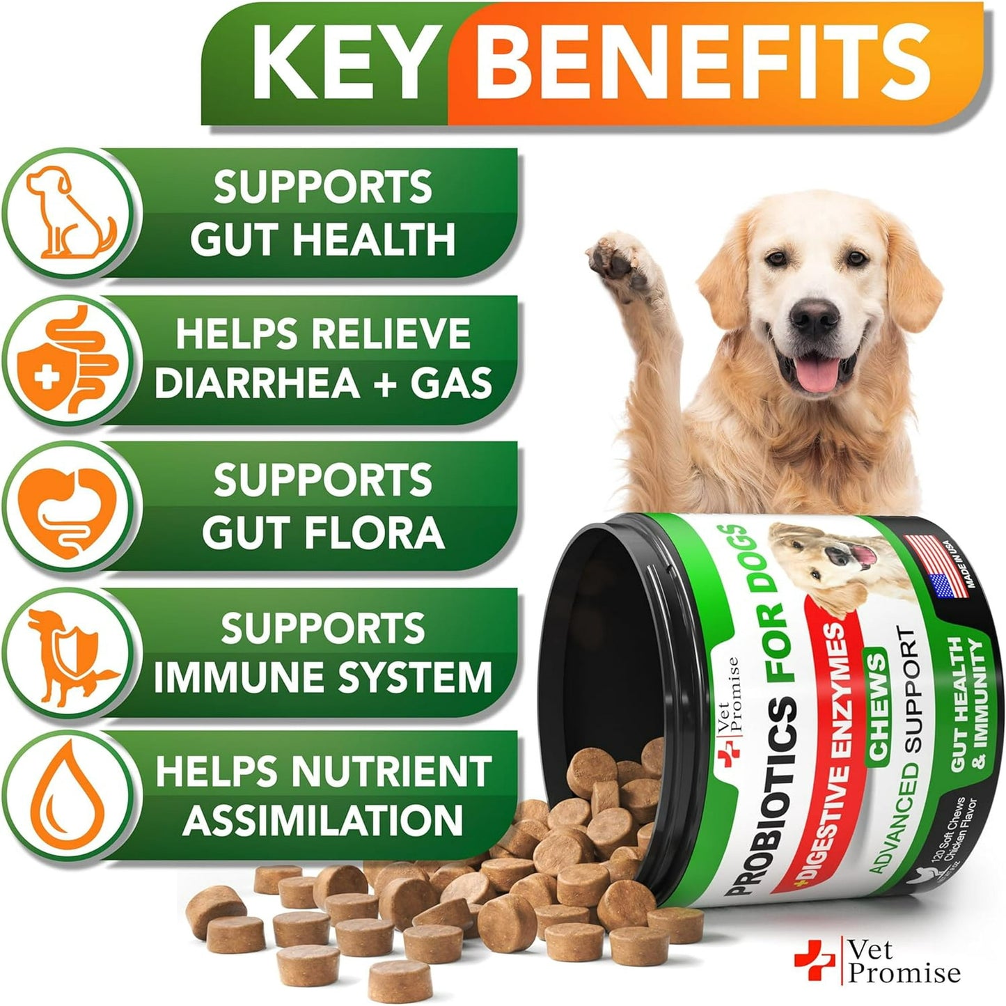 Probiotics for Dogs – Digestive Enzymes + Prebiotics – Allergy, Itchy Skin & Gut Health Support – 120 Tasty Chews